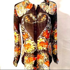 Cabi Sheer long sleeve button up blouse with Peter Pan collar